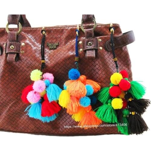 Handmade Bohemian key pom charm bag hanger Pom Pom trim of Thai Indian hmong hippie bag handbag accessories charm sp-001
