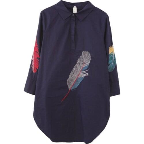 Large Size Literary Embroidered Cotton Shirt Women Spring Summer 3/4 Sleeve Basic Shirt Women Top Shirts