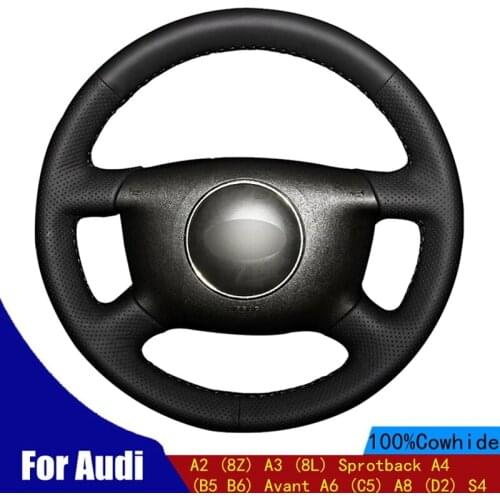 DIY Car Steering Wheel Cover Black Genuine Leather For Audi A2 (8Z) A3 (8L) Sprotback A4 (B5 B6) Avant A6 (C5) A8 (D2) S4
