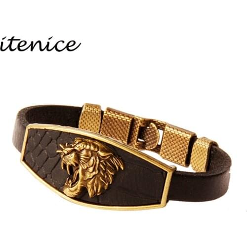 Design Men Bracelets Geometric Bronze Cross Wing Lion Owl Shackles Black Leather Bracelet Men Wristband Fashion Jewelry Unisex