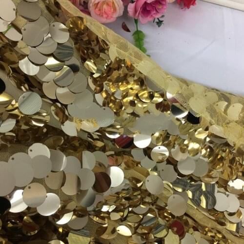 GLace 1Y/Lot Hight quality gold sequin fabric fish scales sequins mesh fabric elastic mesh for dress wedding decoration TX836
