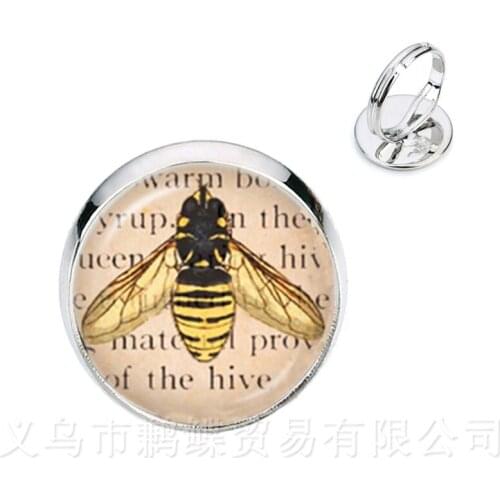 Bee Pattern Rings Insect Art Picture 16mm Glass Cabochon Dome Silver/Golder Plated 2 Color Adjustable Rings For Women Gift