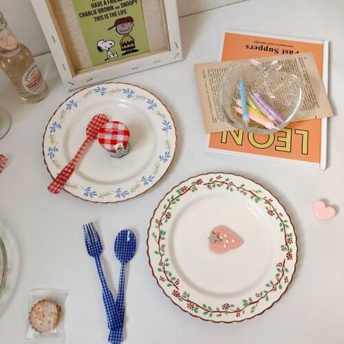 Ins Korean Wave-side Flower Ceramic Dessert Plate Western Steak Plate Cake Salad Plate Home Kitchen Plate Dinner Plates Dishes