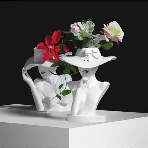 Creative White Fashion Lady Sculpture Flower Pot Vase Modern Resin Hat Goddess Flower Pot Potted Crafts Wedding Gift Decoration
