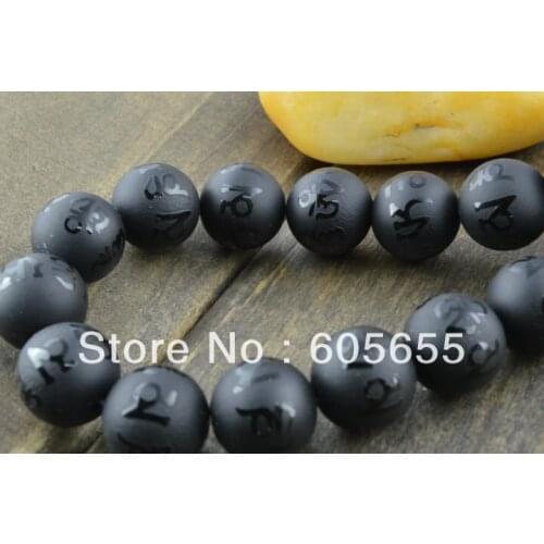 OM MANI PADME HUM Words Carved 12mm Matte Black Stone Onyx Stone Round Loose Beads