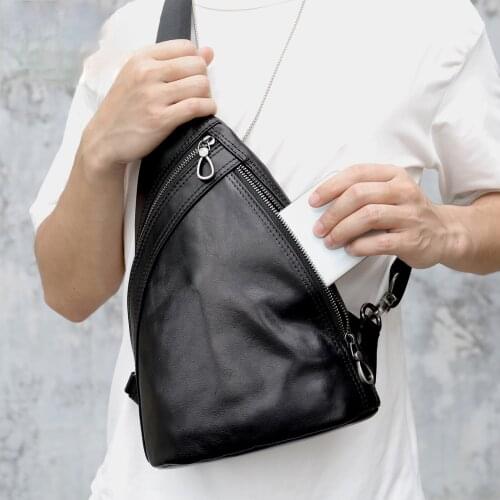 Mens top layer cowhide crossbody chest bag leather mens outdoor one-shoulder small satchel large-capacity chest bag men