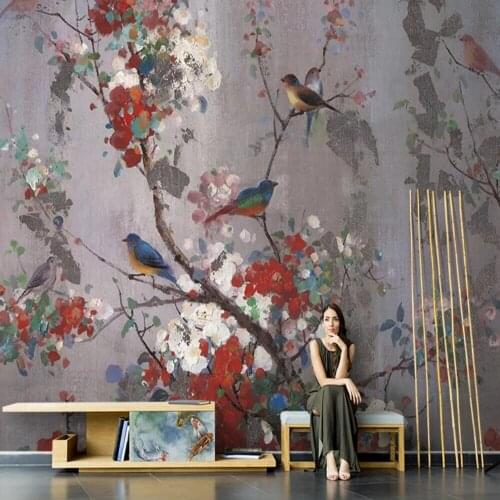 Custom 3D mural retro flower bird Self Adhesive wallpaper living room background wall sofa decoration Wall painting Waterproof
