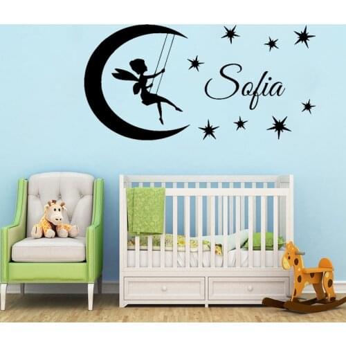 Kids Room Wall Stickers Elf Moon Stars Vinyl Decals Babys Bedroom Decoration Personalized Decor Custom Names Art Mural Removable