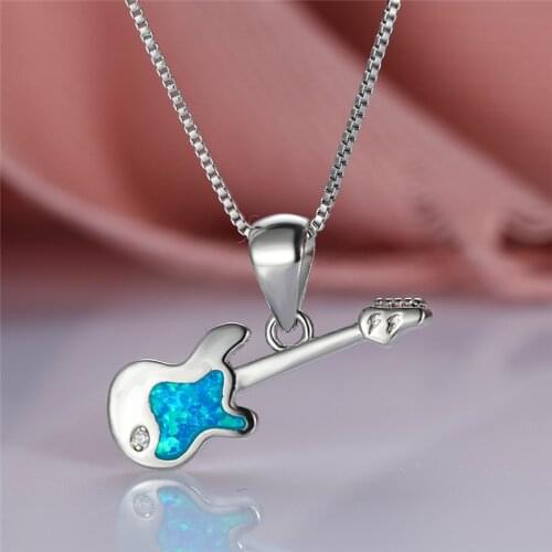 Classic Silver Color Chain Necklace Creative Music Guitar Pendant Necklace Cute Female Blue Opal Engagement Necklaces For Women