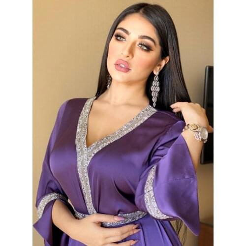 Satin Maxi Dress For Women Turkey Arabic Diamond V Neck Long Sleeve Jalabiya Muslim Islamic Ethnic Abaya 2021 Fall New HB329