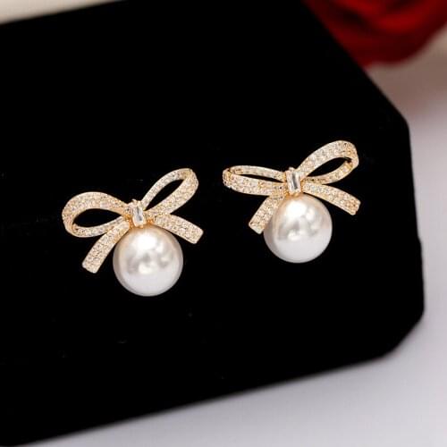 SWOUR New Trendy Classic Jewelry Elegant Cubic Zirconia Engagement Gift Bowknot Pearl Stud Earrings Femme S939