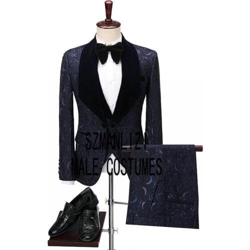 Navy Blue Paisley Floral Velvet Formal Men Suits 2020 Tailor Made Groom Tuxedos Mens Wedding Suits Prom/Party Best Man Blazer