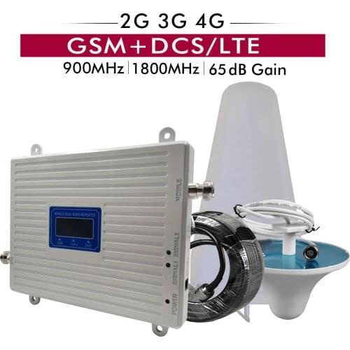 65dB Gain GSM 900 DCS LTE 1800 2G 4G Cellular Mobile Signal Repeater Amplifier LPDA Ceiling Antenna Cable Set Dual Band Booster