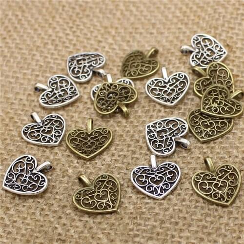 100pcs 15*16mm Hollow Filigree Heart Charms Three Color Vintage Metal Trendy Heart Pendant for Jewelry T0505