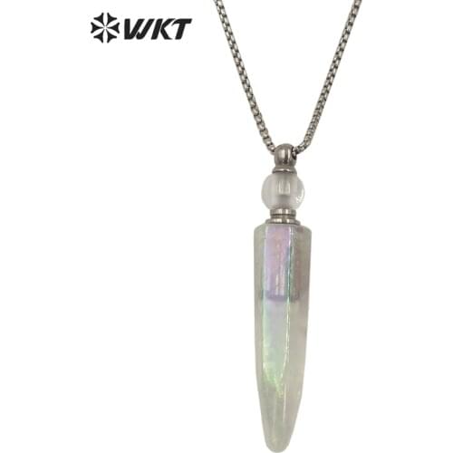 WT-N1259 Steel Amazing Natural Aura crystal quartz point perfume bottle necklace Unisex Aura spirit quartz stone perfume bottle