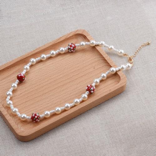 Cute Handmade Pearl Beads Chain Pendant Red Fruit Clavicle Necklaces for Women Girls Chokers Accessories New Summer Jewelry