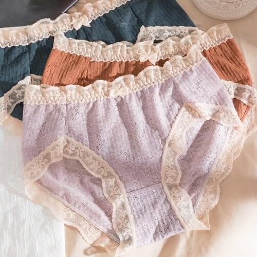 Wasteheart New Women Fashion Purple Cotton Bottom Lace Bow Mid Waist Panties Underwear Lingerie Women Briefs F Maiden