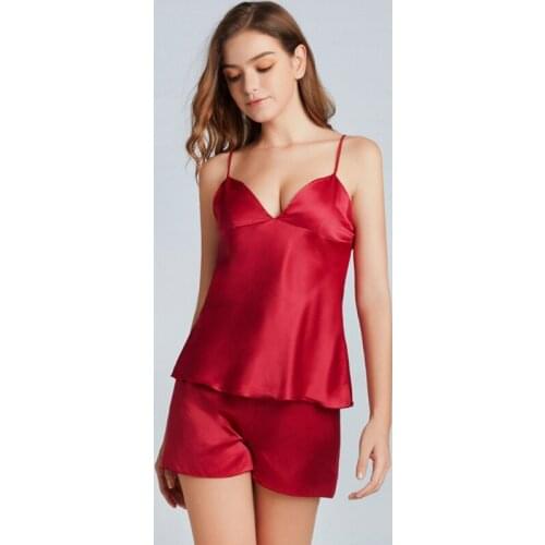 Women Sexy Imitation Silk 2 Pieces Pajamas Set Removable Chest Pads V-Neck Cami Top and Shorts Solid Color Satin Lingerie