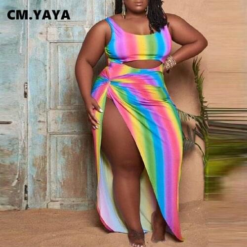 CM.YAYA Women Set Plus Size Print Sleeveless Hollow Out Bodysuit Mid Calf Skirt 2 Piece Sets Sexy Beachwear Summer Swimsuit 2021