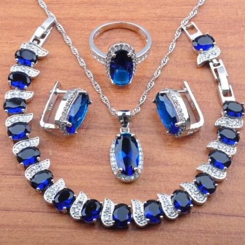 Blue Cubic Zirconia Jewelry Sets Bridal Wedding Trinket Womens Silver Color Jewelry Bracelet Earrings Necklace Pendant Rings