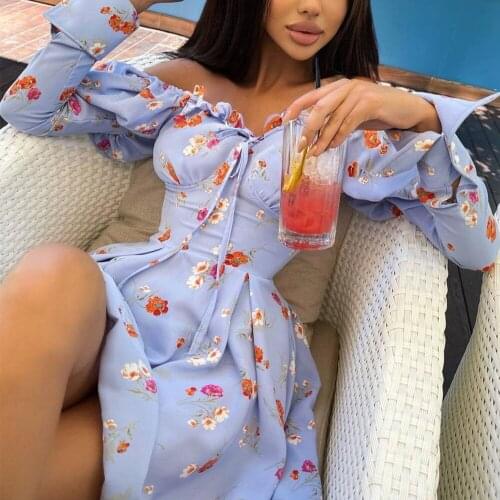 Fashion Floral Printed Long Sleeve Dress Autumn Winter Women Mini Dress Robe Femme Sexy Off Shoulder Clothes Party Vestidos