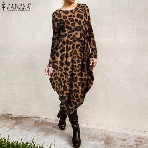 ZANZEA Women Midi Dress Spring Fashion Leopard Sundress Casual Long Sleeve Print Party Asymmetrical Vestido Female Tunic Robe