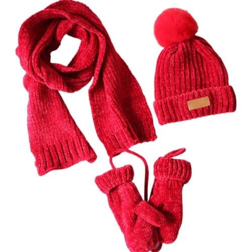 3 In 1 Toddler Kids Winter Ribbed Knit Warm Pompom Beanie Hat Scarf Gloves Set D08E