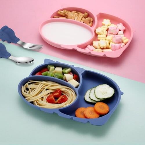 Baby Dinner Plate Integrated Tableware Food Grade Silicone Food Supplement Non-slip Suction Cup Training Fork & Spoon Set