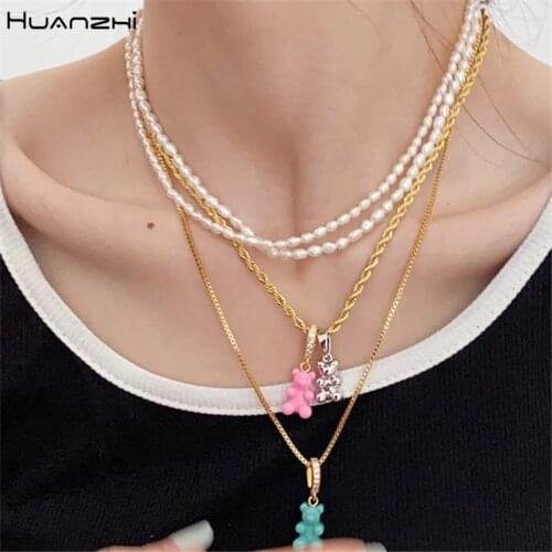 HUANZHI Bear Charm Freshwater Pearl Zircon Multicolor Metal Chain Pendant Necklace for Women Girls Party Jewelry Gifts New 2021