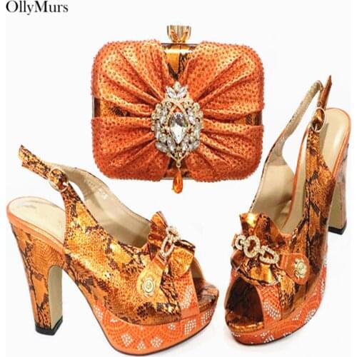 Hot Sale Italian Design Orange Color Shoes And Bag Set Summer Fashion Woman High Heels Shoes And Bag Set For Party Dress