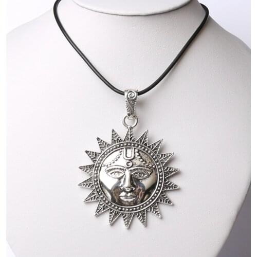 New Fashion Tibetan Silver Color Pendant LARGE Sun Necklace Choker Charm Black Leather Cord Factory Price Handmade Jewelry