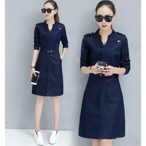 Spring and autumn new Slim was thin package hip denim dress and long sections womens casual long-sleeved A-line dress TB18163