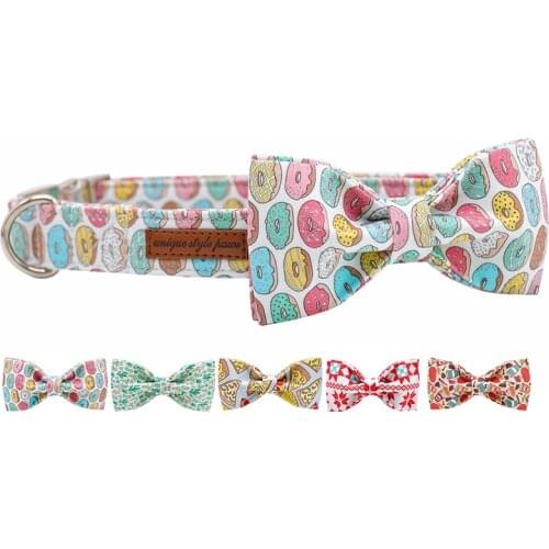 Donuts Cotton Fabric Dog Collar and Leash Set with Bow Tie for Big and Small Dog Metal Buckle Pet Accessories