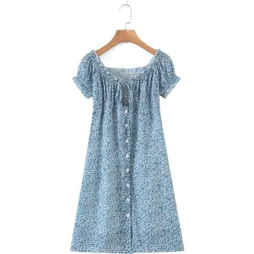 Girls Dress Summer Floral Print Vintage Square Collar Fashion 2021 Dress Women Short Sleeve Sheath Mini Sweet Mujer Vestidos