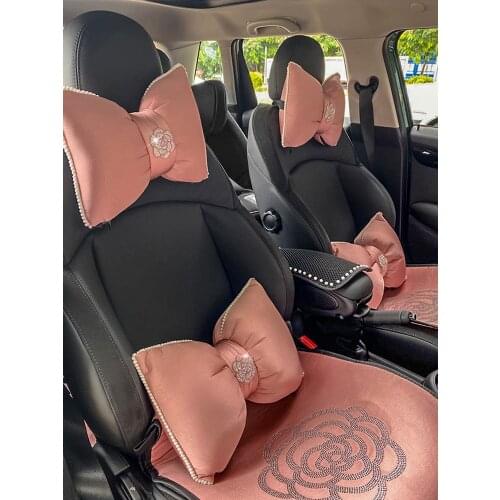 Diamond Camellia Bowknot Lumbar Support Car Seat Neck Pillow Four Seasons Universal Female Car Headrest Pillow