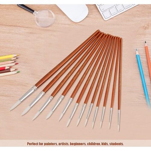 Professional 12pcs Round Pointed Tips Paint Brushes Set Tool Fine Tip Paintbrush with Nylon Hair Wooden Handle Art Drawing