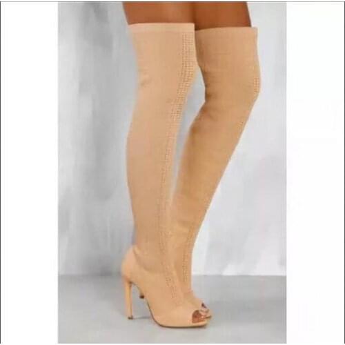 Nude Stretch Peep Toe Sock Booties Women Shoes Over The Knee Boots Cut Out High Heels Shoes Pumps Woman Botines Mujer