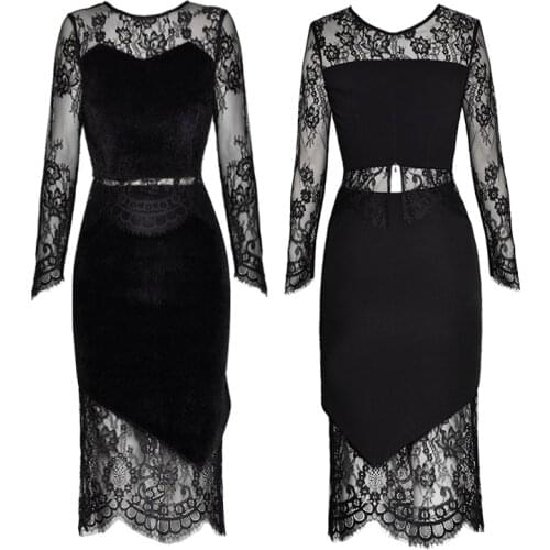 Sexy Elegant Lace Fur Patchwork Women Set 2 Piece Suits Long Sleeve Tops Black Midi Skirt Slim Bodycon Ladies Office Wear