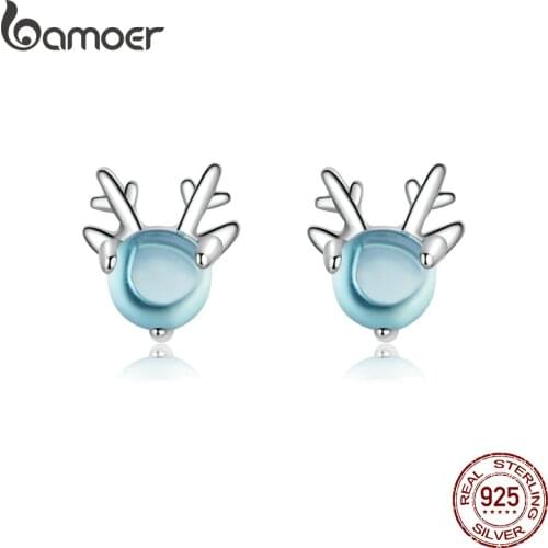 Bamoer Crystal Stone Deer Stud Earrings For Girls Party Accessories 925 Silver Animal Antler Earring Lady Fashion Jewelry BSE210