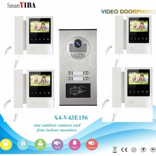 SmartYIBA 4 Units 4.3"Color Video Door Phone Intercom Kit Multi Apartment Building Video Intercom System+1 RFID Access Camera