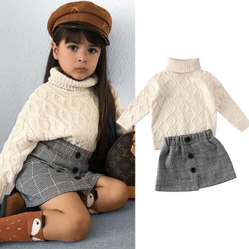 2-6T Kids Baby Girl Clothes Set Spring Casual Turtleneck Knitted Sweater Tops + Plaid Printed Buttom A-Line Mini Skirt Outfit