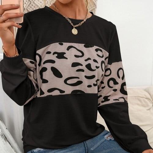Women Leopard Print Shirts Fashion Loose Round Neck Long-sleeved Loose Comfortable Tops Fashion All-match Leisure T-shirt#g3