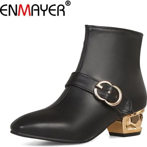 ENMAYER Women Ankle Boots PU Short Boots Women Square toe Shoes Woman Strange Heel Buckle Zipper Short Plush Med heels CR1956
