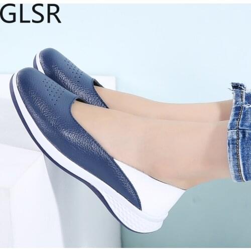 2020 Autumn Women Leather Loafers Cutout Ballet Flats Shoes Female Flat Nursing Shoes Woman Slip On Loafers Slipony 7699