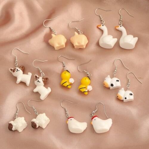 Women Cute Drop Earring Resin Girl Gift Eardrop Fun Cartoon 3D Animal Small Fresh Lady Earrings Bee Sheep Puppy Chick Cow