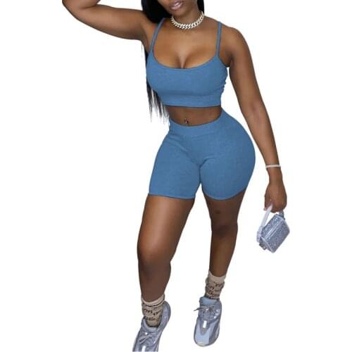 Women Yoga Sets Workout Crop Tank Top Sport Clothes Sets Sleeveless Spaghetti Straps Camisole + Tight High Waist Short Pants