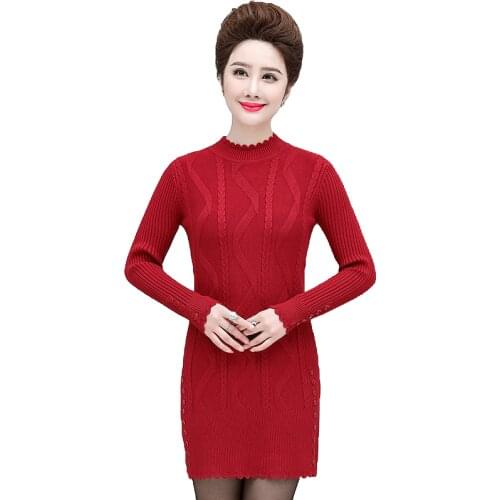Middle-aged Women Sweater Autumn Half Turtleneck Knitted Basic Shirt Loose Long-sleeve Medium Length Wool Knitwear Tops W1756