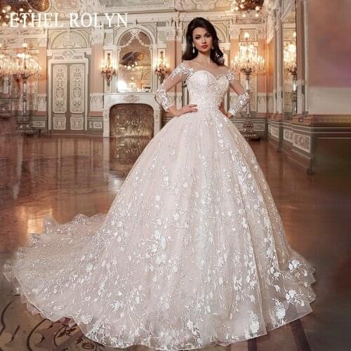 ETHEL ROLYN A-Line Wedding Dress 2020 Long Sleeve Bridal Appliques Lace Up Beaded Sashes Princess Bride Dresses Vestido De Noiva