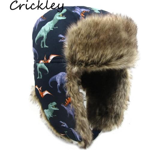 Winter Children Fur Keep Warm Hats Cartoon Dinosaur Pattern Ushanka Caps for 1-10 Years Boys Girls Windproof Soft Skiing Hat