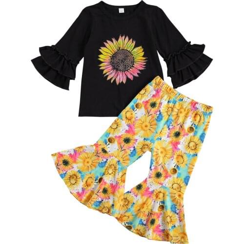 2020 Autumn Casual Kids Baby Girl Clothing Sunflower Print Flare Long Sleeve Top T-shirt+Floral Flare Pants 2pcs Outfits Set